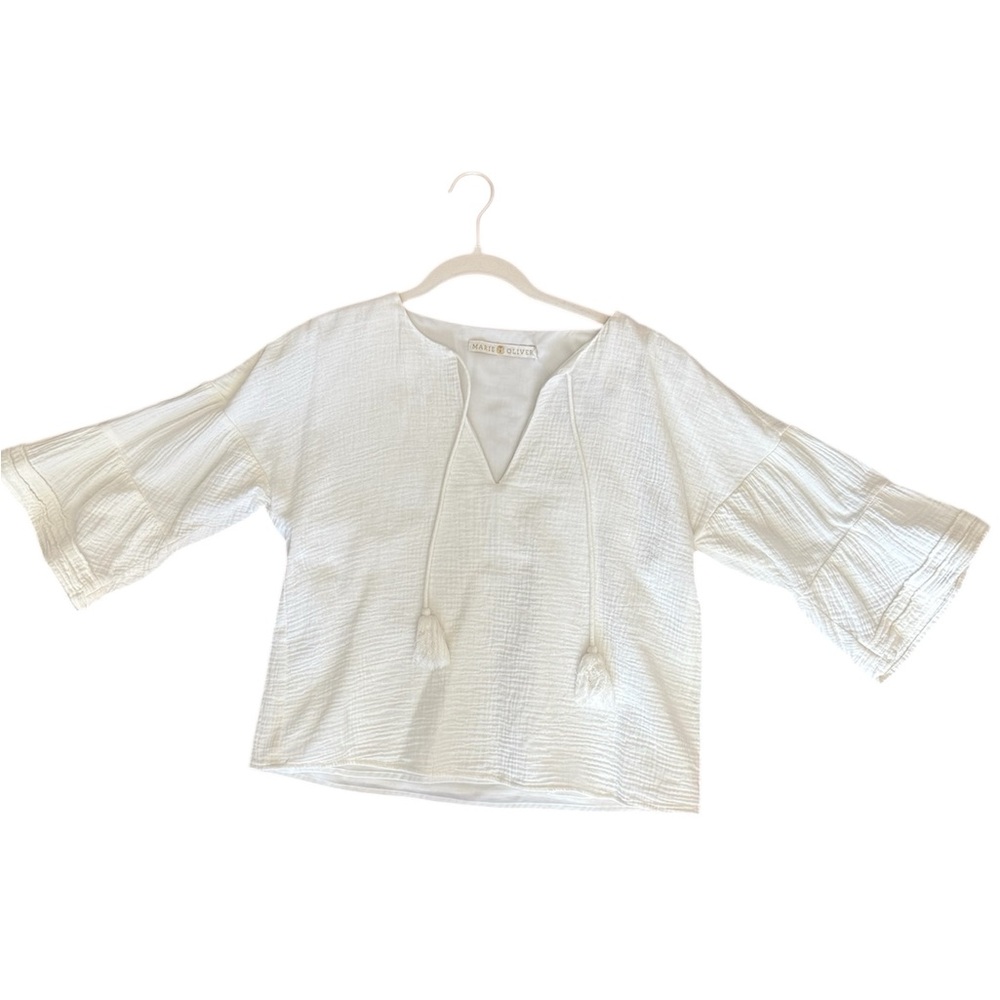 MARIE OLIVER 3/4 long sleeve top with tassles 100% cotton gauze w/ liner Size:XS